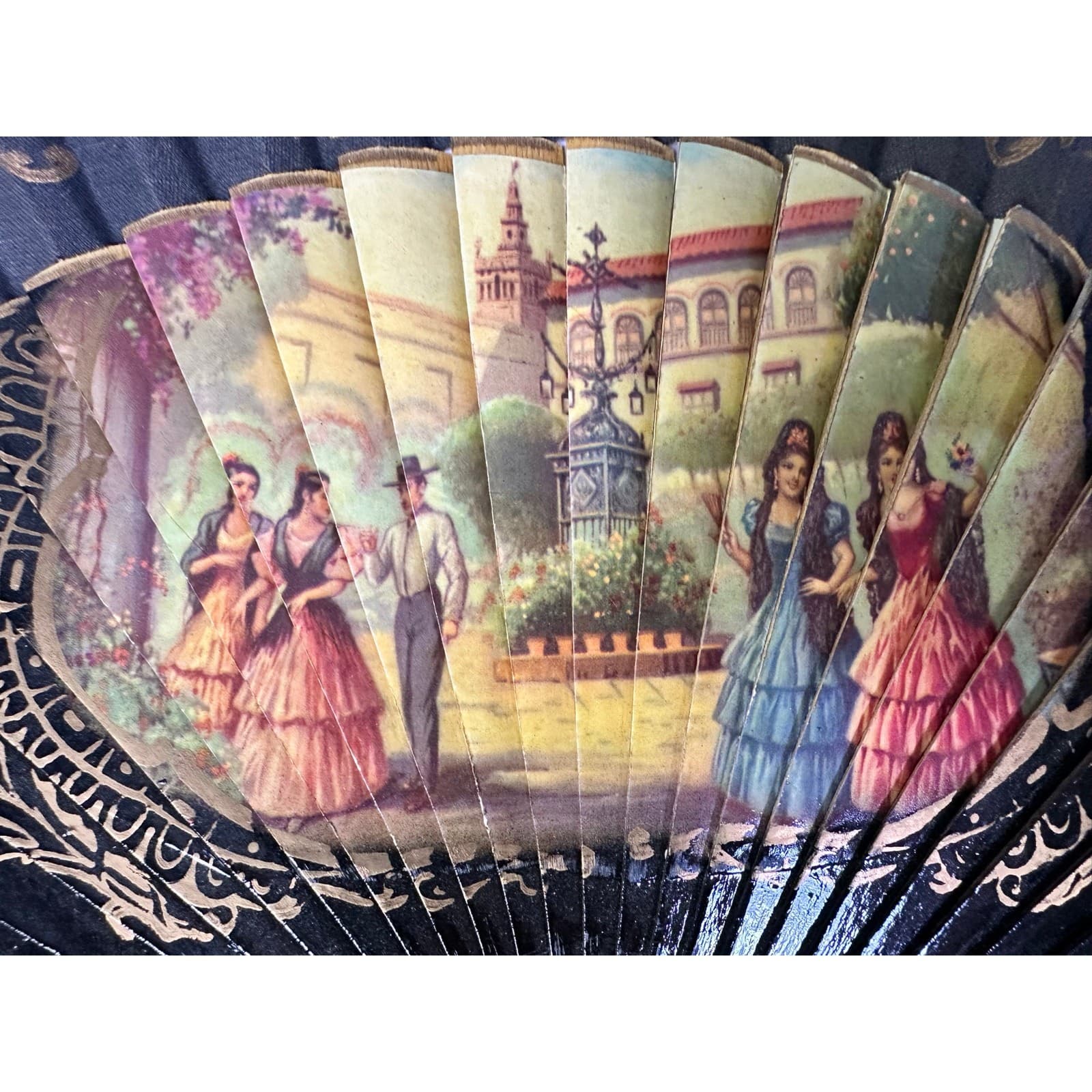 Black Enameled Wood Spanish Scene Folding Fan Vintage - Thumbnail 2