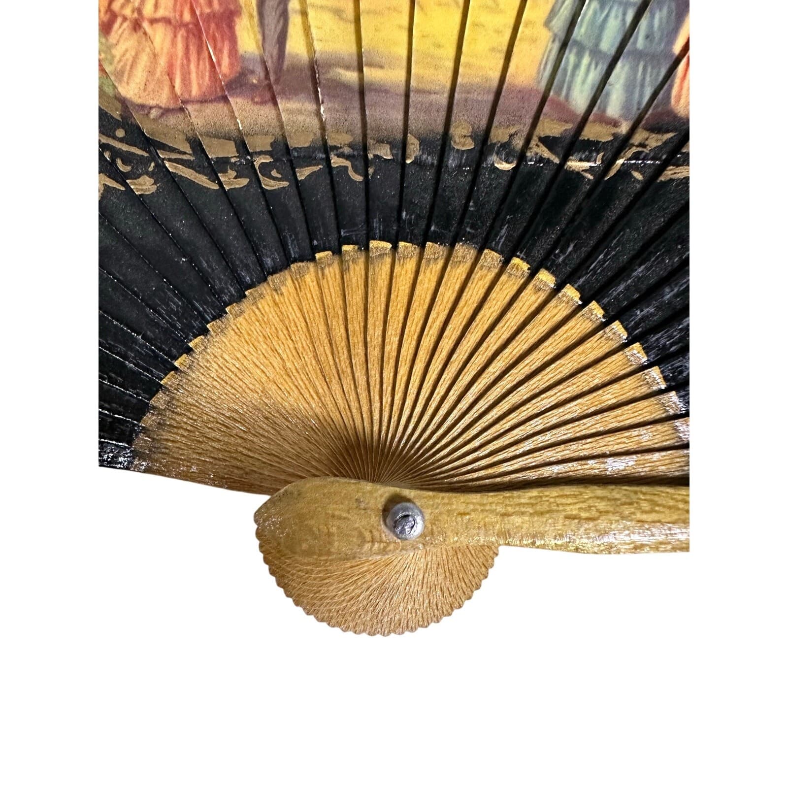 Black Enameled Wood Spanish Scene Folding Fan Vintage - Thumbnail 5