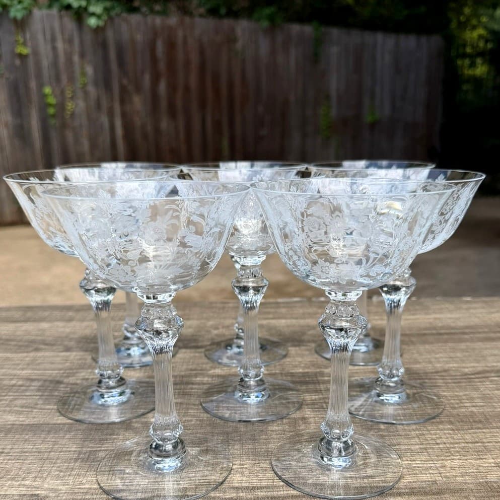 Tiffin Franciscan Cherokee Rose Etch 6" Crystal Champagne Sherbet Glass-Set of 8 - Thumbnail 7