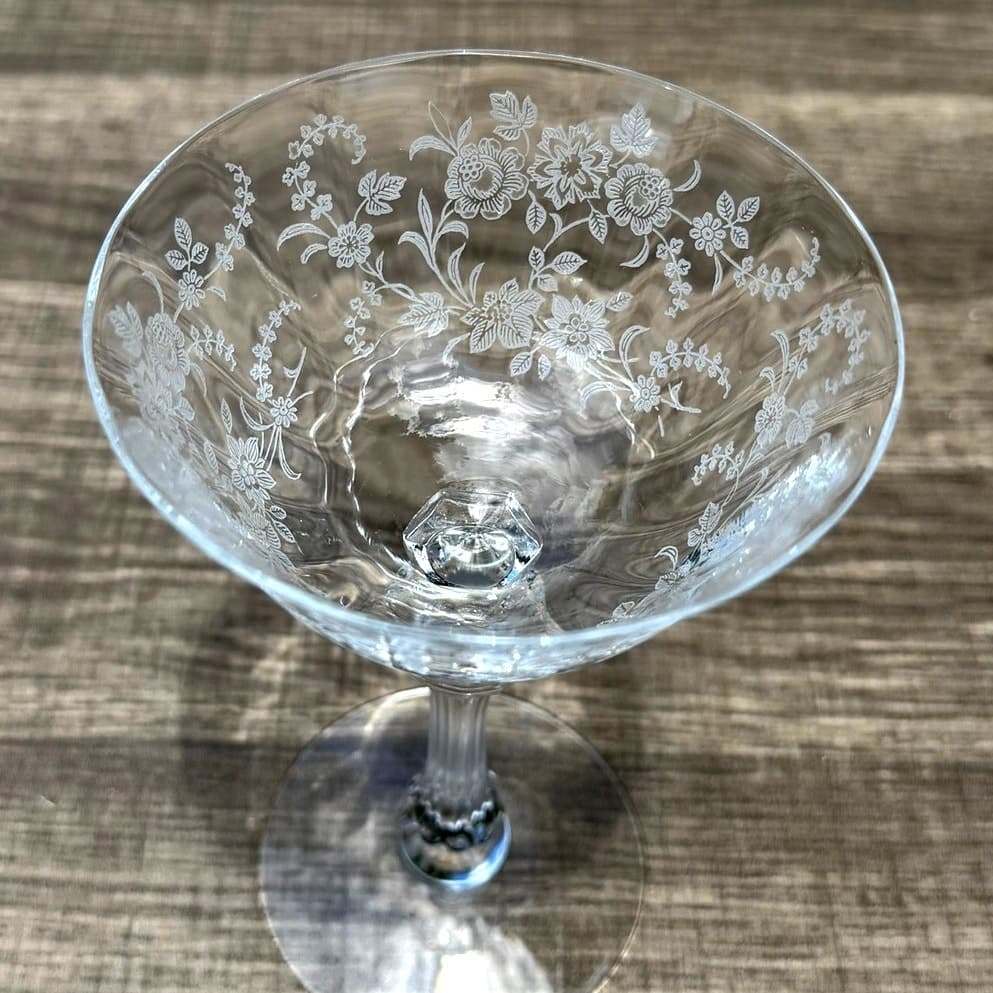 Tiffin Franciscan Cherokee Rose Etch 6" Crystal Champagne Sherbet Glass-Set of 8 - Thumbnail 10