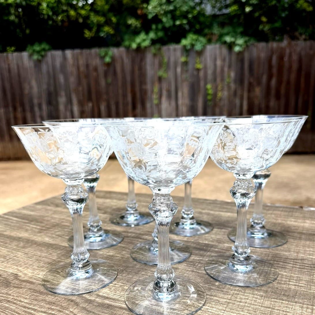 Tiffin Franciscan Cherokee Rose Etch 6" Crystal Champagne Sherbet Glass-Set of 8 - Thumbnail 12