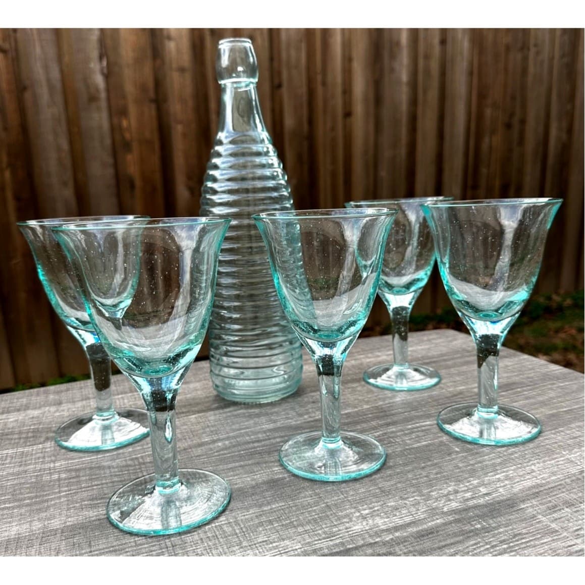 Turquoise Water Wine Goblets-Set of 5 with Contemporary Ribbed Serving Bottle