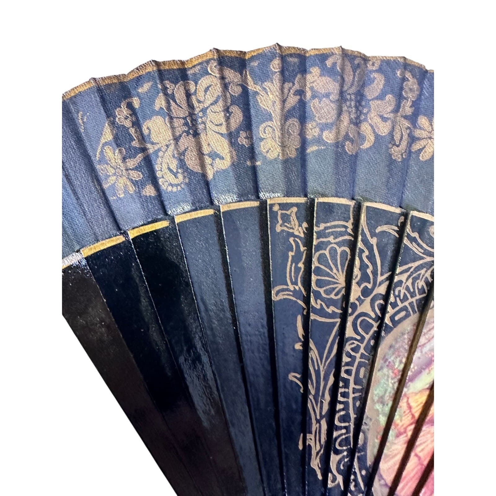 Black Enameled Wood Spanish Scene Folding Fan Vintage - Thumbnail 3