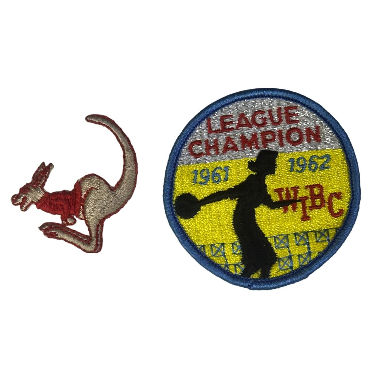 2 Embroidered Cloth Patches 1961 Bowling & Kangaroo with Red Sweater Vintage