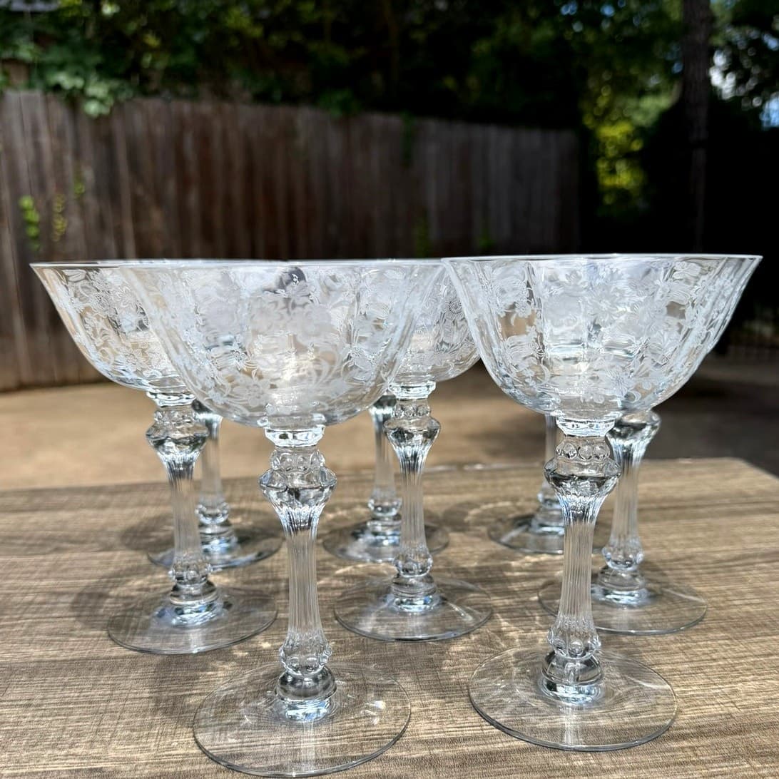 Tiffin Franciscan Cherokee Rose Etch 6" Crystal Champagne Sherbet Glass-Set of 8 - Thumbnail 9