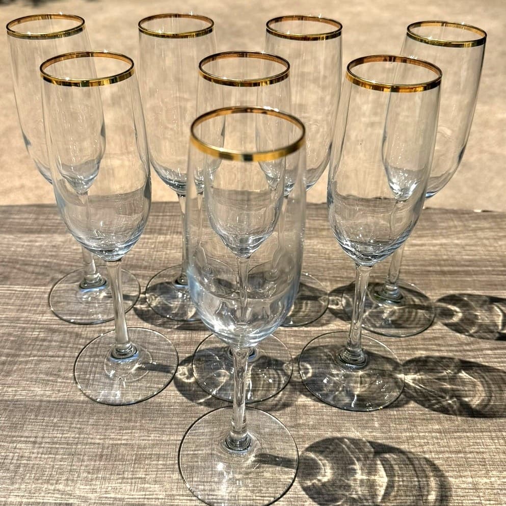 Elegant Gold Rim Champagne Flutes 9.25" Tall Vintage Toasting Glasses-Set of 8 - Thumbnail 3