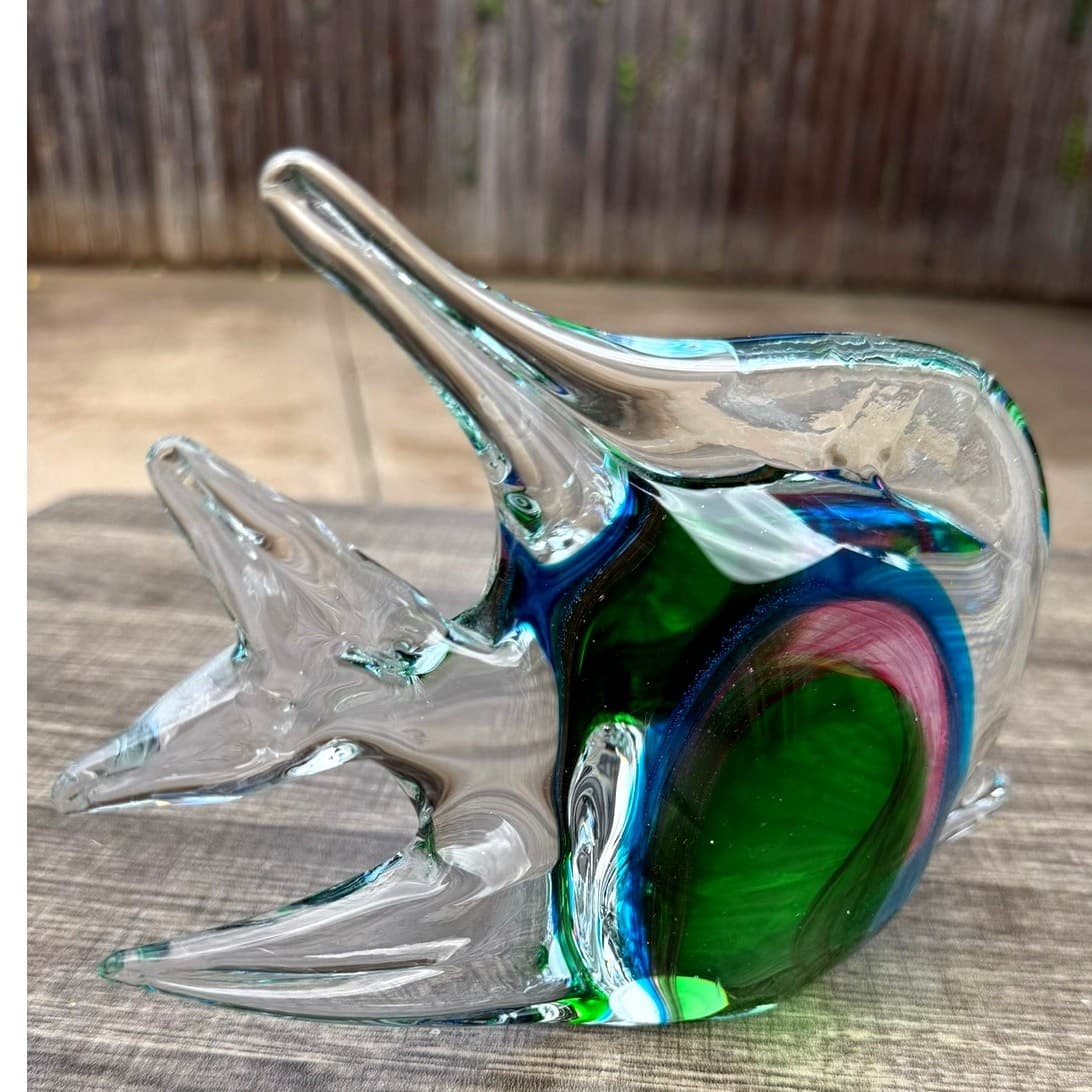 Murano Style Vintage Sommerso Art Glass Fish Sculpture Green Blue Pink 8" Long - Thumbnail 6