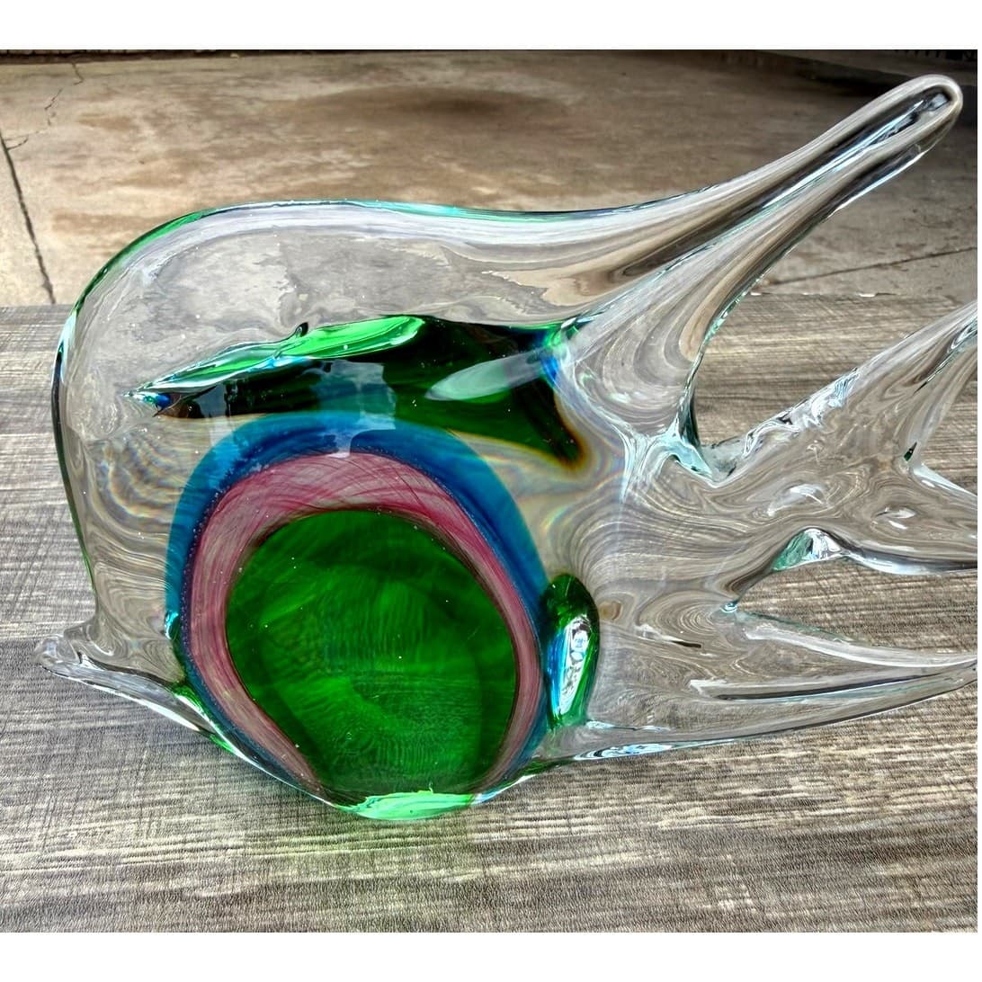 Murano Style Vintage Sommerso Art Glass Fish Sculpture Green Blue Pink 8" Long