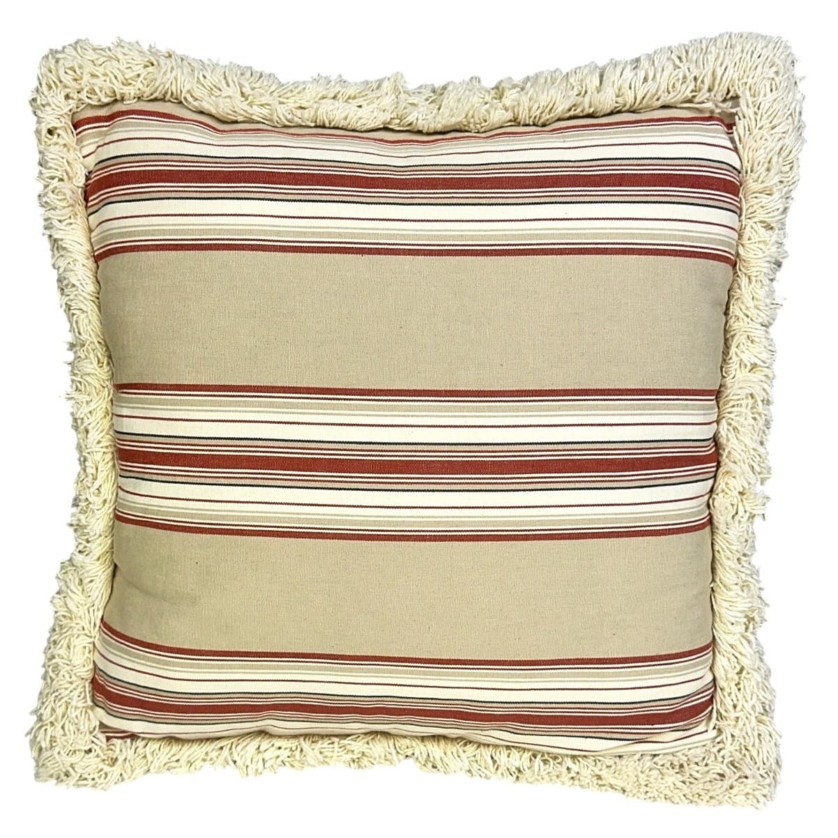 Traditional Tan Rust Green Ivory Classic Stripe 18x18 Throw Pillow Ivory Fringe