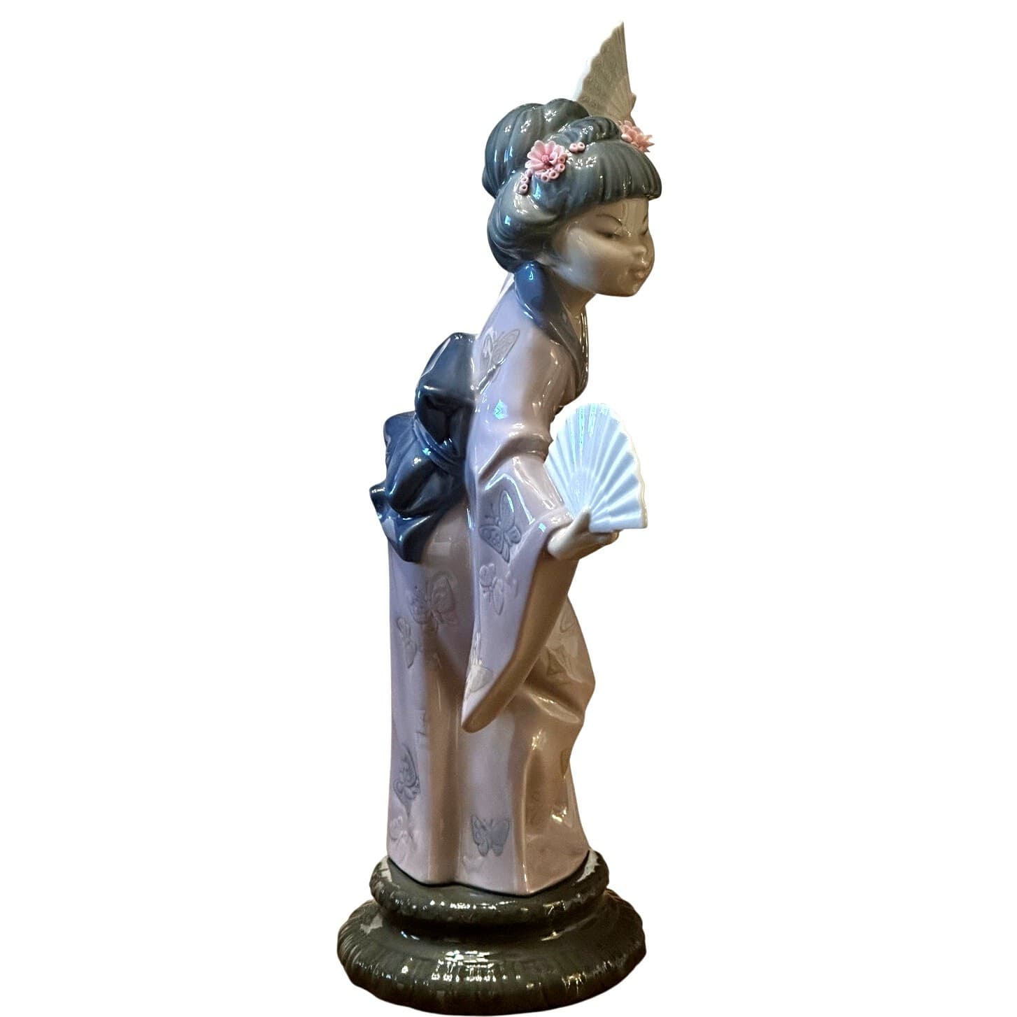 Lladro Porcelain Retired 'Madame Butterfly' 'Japanese Girl w/Fans' 4991 Figurine - Thumbnail 2
