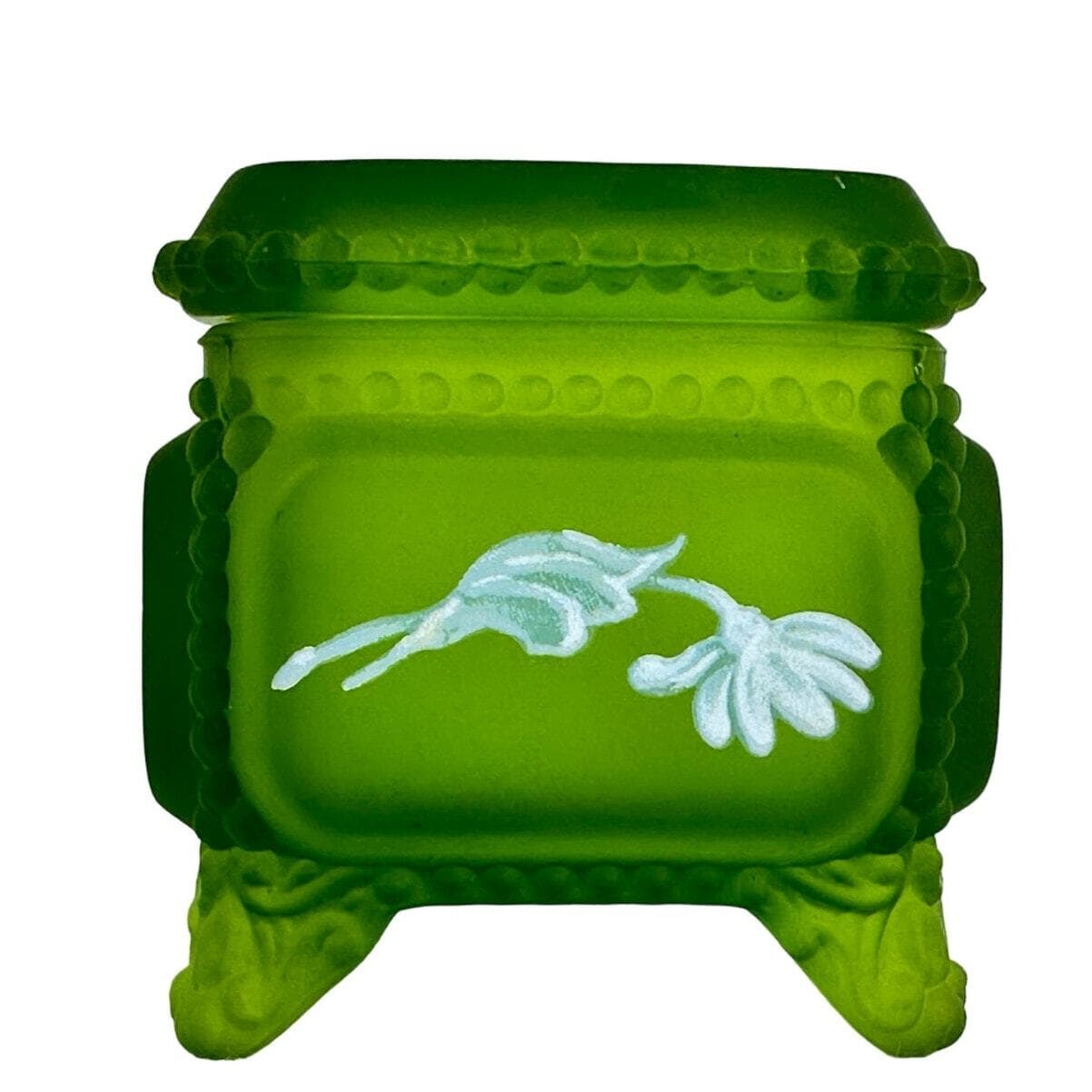 Westmoreland Green Satin Glass Trinket Box Handpainted Daisies-Vintage Excellemt - Thumbnail 5