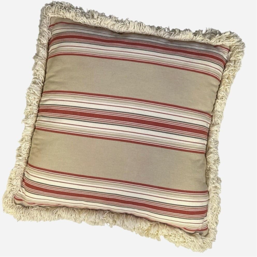 Traditional Tan Rust Green Ivory Classic Stripe 18x18 Throw Pillow Ivory Fringe - Thumbnail 4
