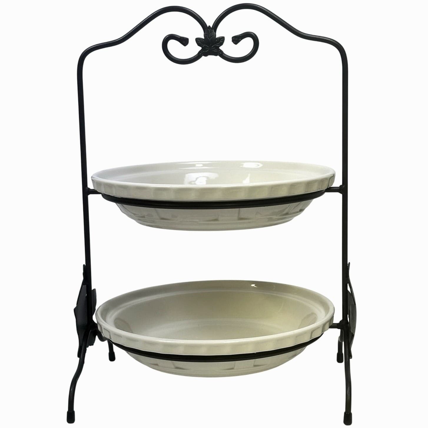 Longaberger Wrought Iron 2 Tier Pie Rack+2 IVORY Woven Traditions 10" Pie Plates
