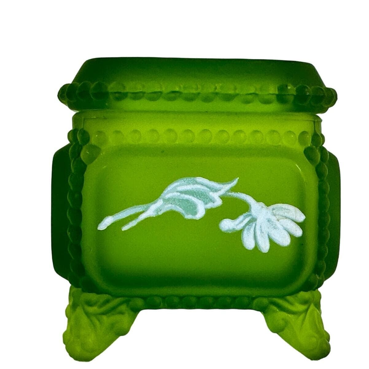 Westmoreland Green Satin Glass Trinket Box Handpainted Daisies-Vintage Excellemt - Thumbnail 3