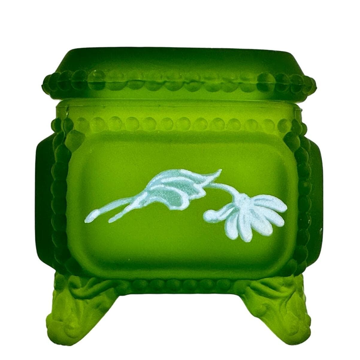 Westmoreland Green Satin Glass Trinket Box Handpainted Daisies-Vintage Excellemt - Thumbnail 6