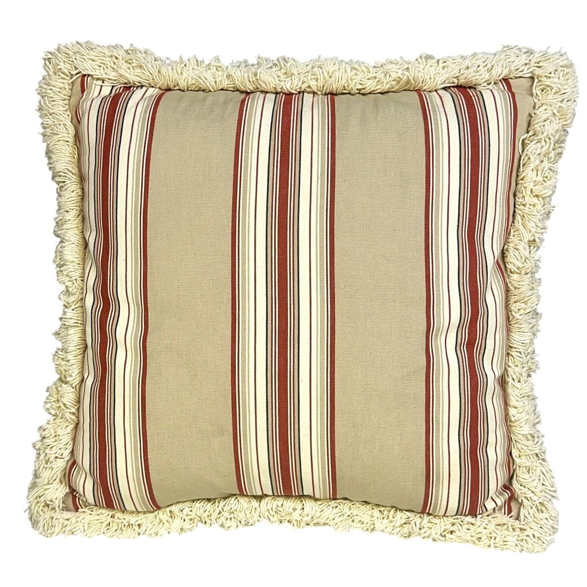 Traditional Tan Rust Green Ivory Classic Stripe 18x18 Throw Pillow Ivory Fringe - Thumbnail 2