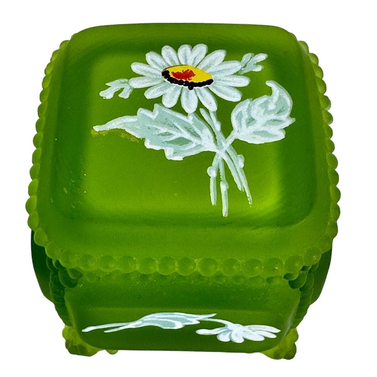 Westmoreland Green Satin Glass Trinket Box Handpainted Daisies-Vintage Excellemt - Thumbnail 2