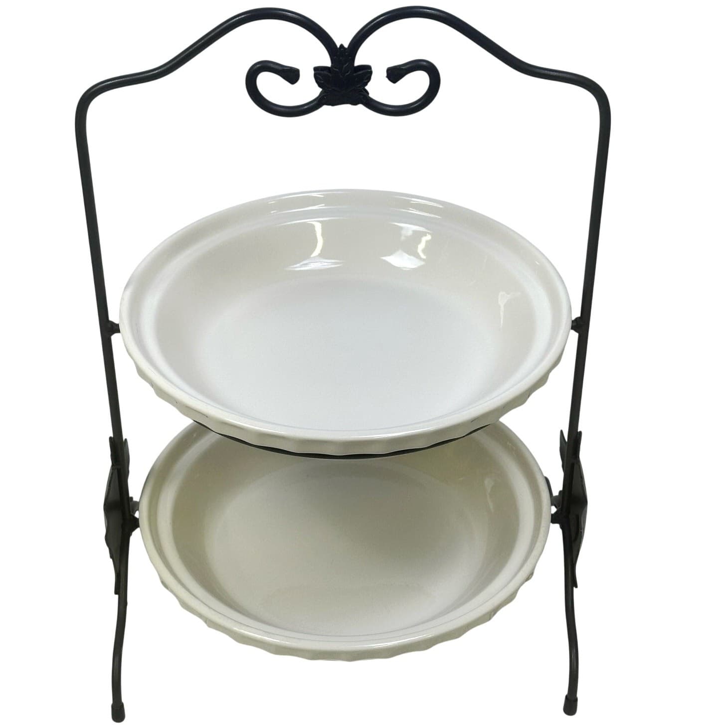 Longaberger Wrought Iron 2 Tier Pie Rack+2 IVORY Woven Traditions 10" Pie Plates - Thumbnail 3