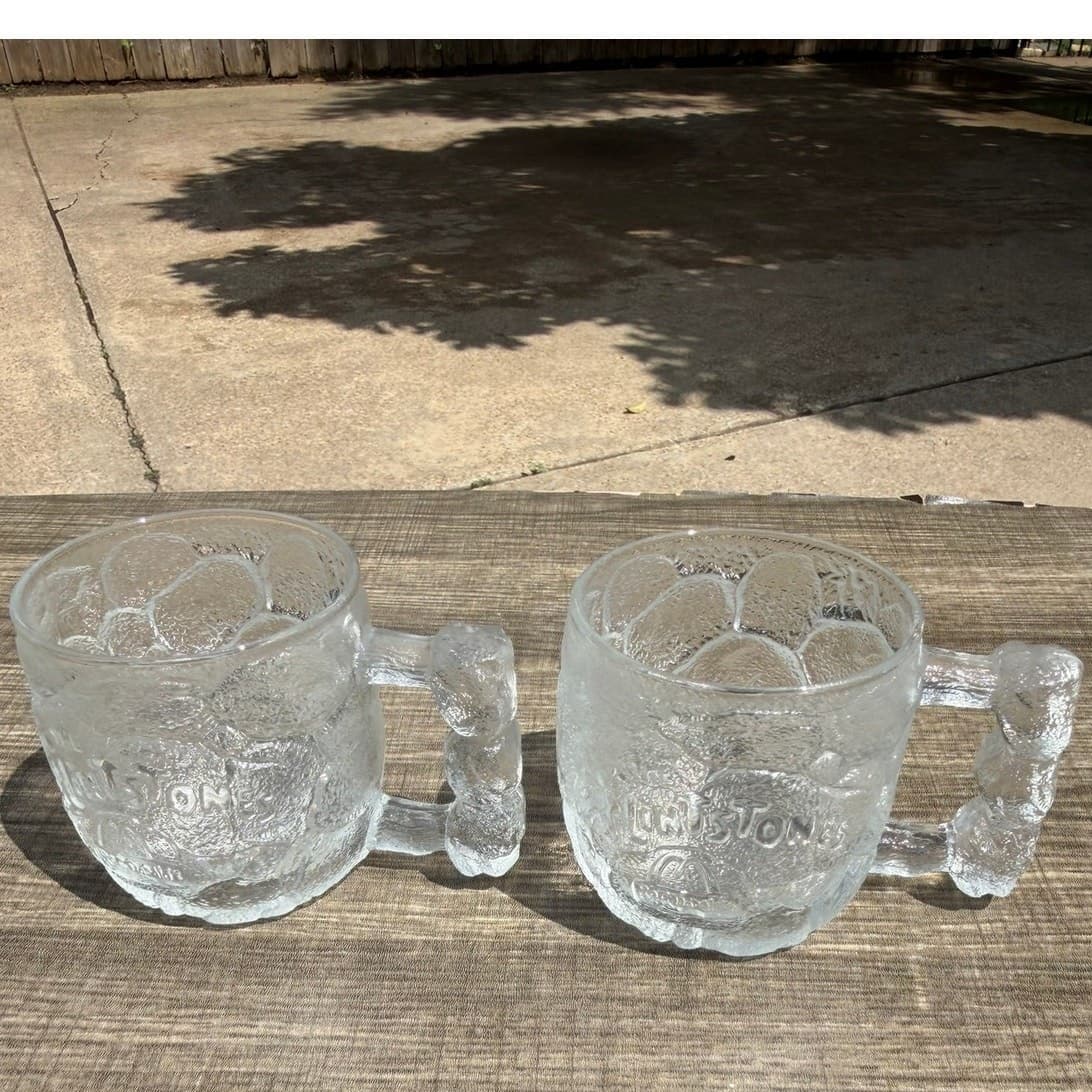 Vintage 1993 McDonalds Flintstones RocDonalds Glass Mugs Set Of 2 Bone Handle - Thumbnail 4