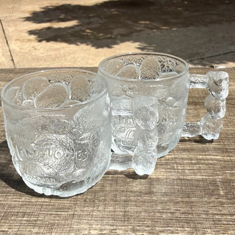 Vintage 1993 McDonalds Flintstones RocDonalds Glass Mugs Set Of 2 Bone Handle - Thumbnail 2