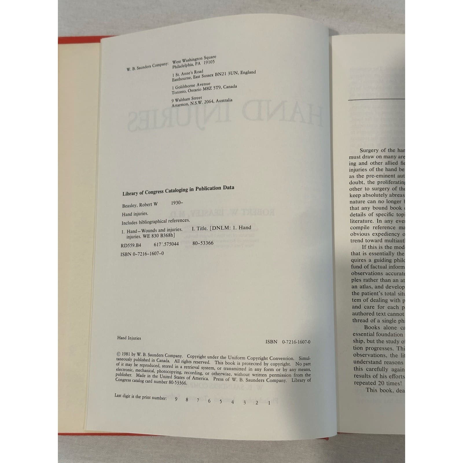 Hand Injuries Robert W. Beasley MD 1981 Hardback - Thumbnail 4