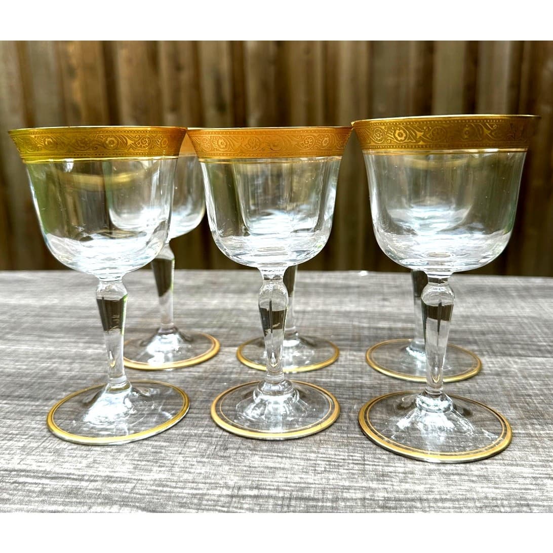 Tiffin Franciscan Minton Crystal Optic Gold Encrusted 5 3/8" Wine Glasses-Set 6 - Thumbnail 5