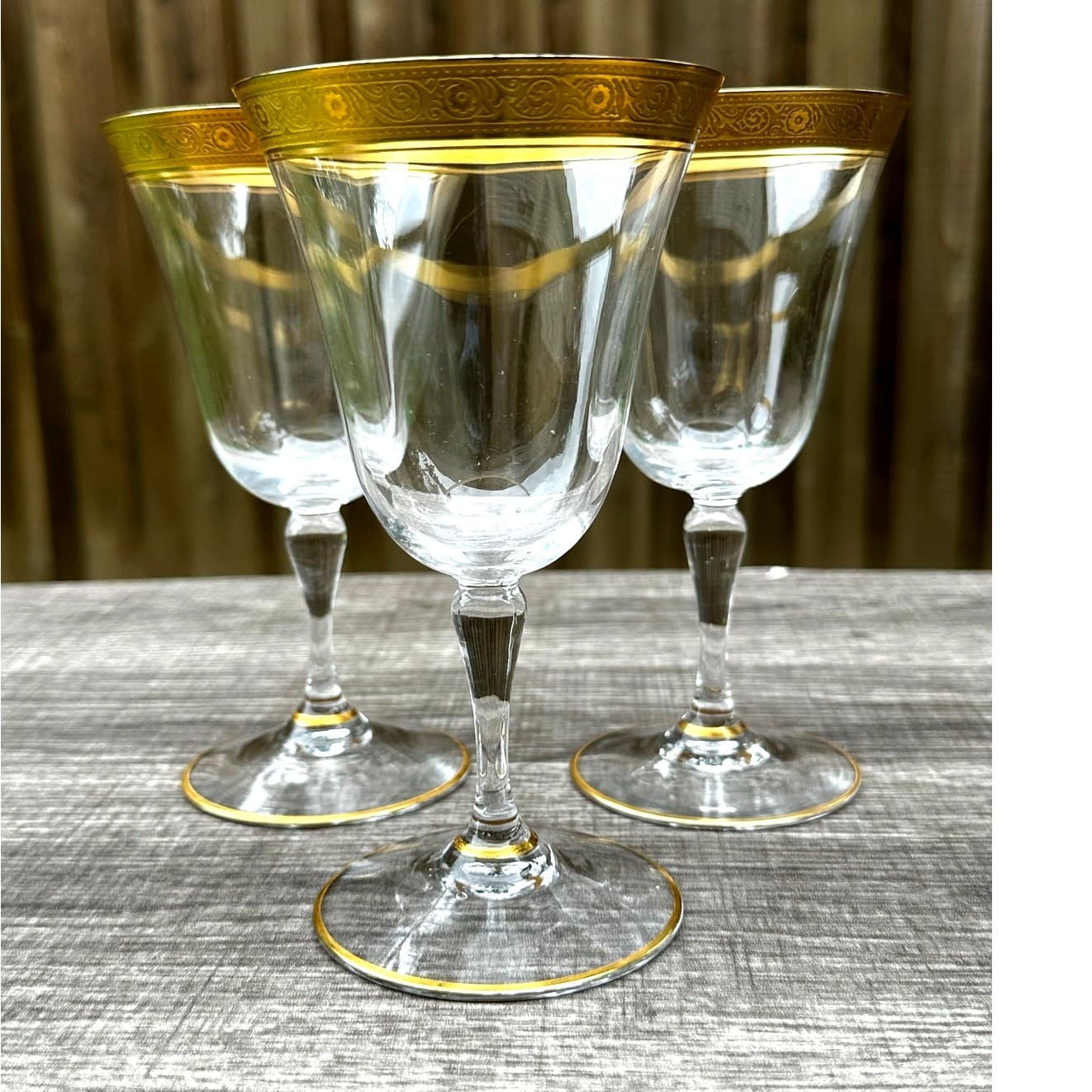Tiffin Franciscan Crystal Optic Gold Encrusted 6 3/8" Wine Water Glasses-Set 3 - Thumbnail 5