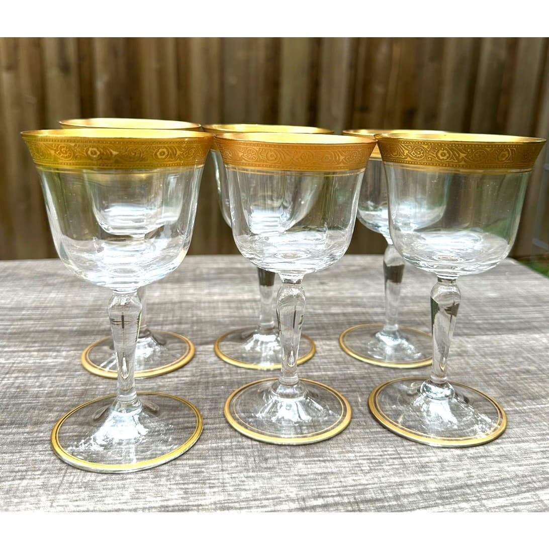 Tiffin Franciscan Minton Crystal Optic Gold Encrusted 5 3/8" Wine Glasses-Set 6 - Thumbnail 3