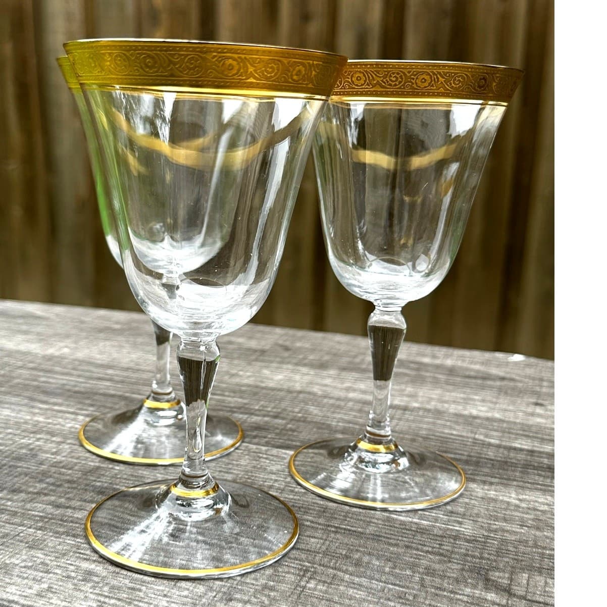 Tiffin Franciscan Crystal Optic Gold Encrusted 6 3/8" Wine Water Glasses-Set 3 - Thumbnail 3
