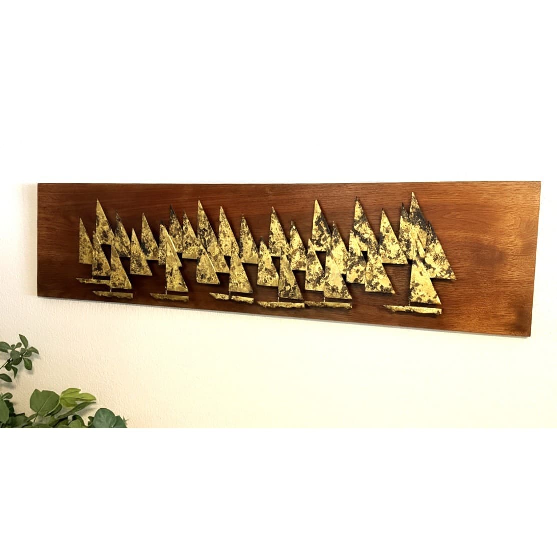 Peter Pepper Brass Sailboat Wall Sculpture Walnut MCM Brutalist 1960s California - Thumbnail 3