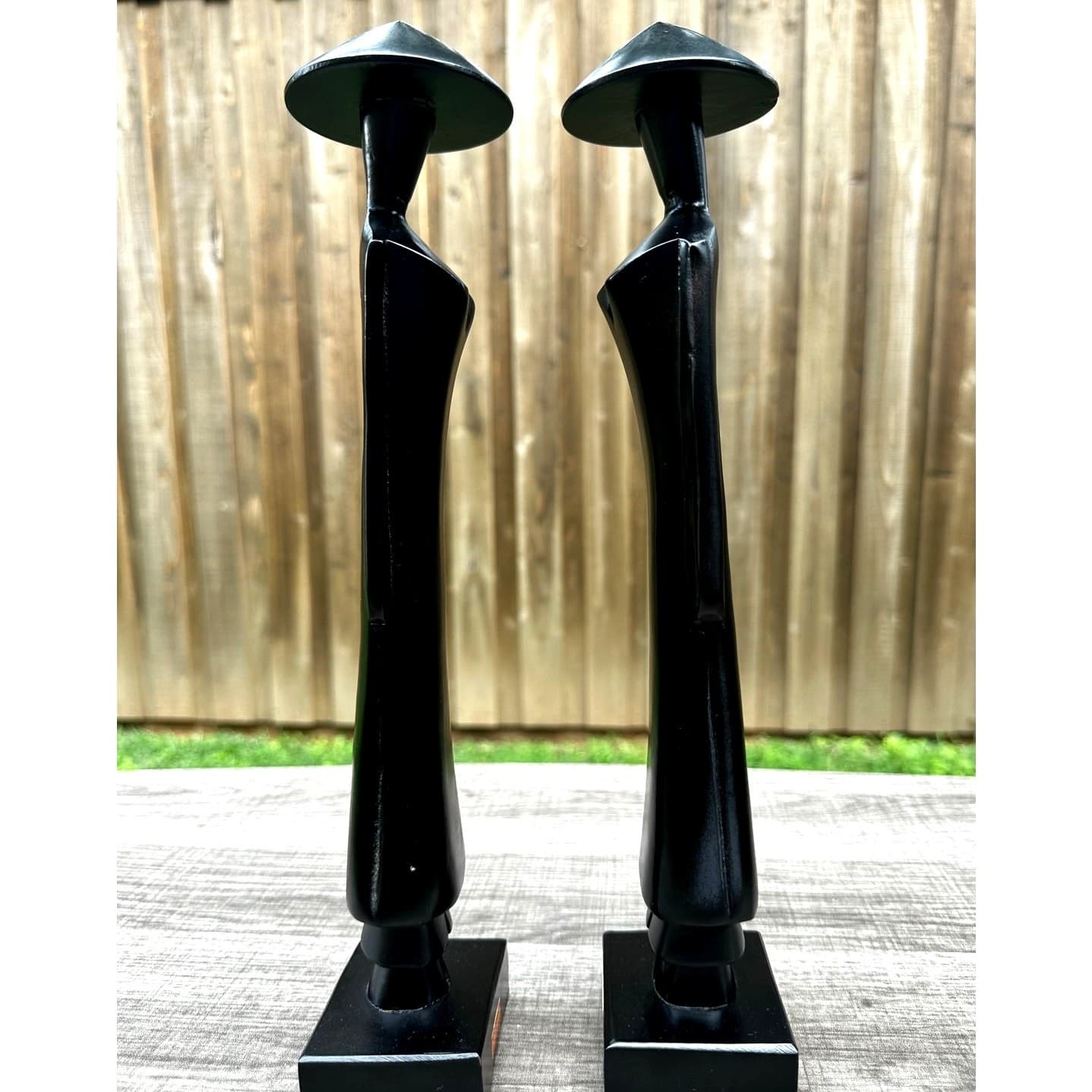 Pair of Vietnamese Wooden 13.5" Vintage Sculptures Figurines of a Woman Cone Hat - Thumbnail 4