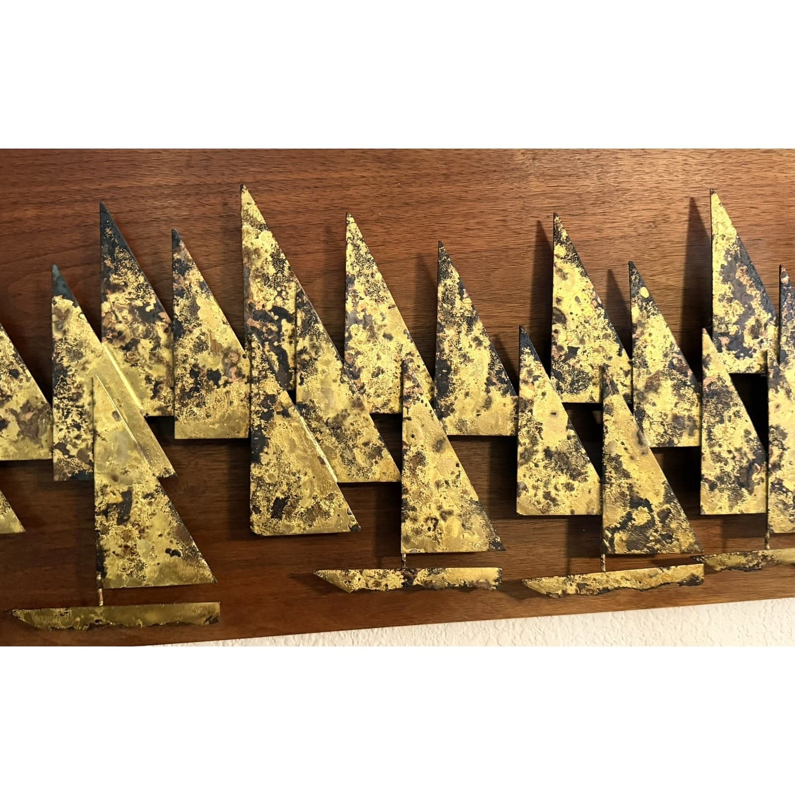 Peter Pepper Brass Sailboat Wall Sculpture Walnut MCM Brutalist 1960s California - Thumbnail 5