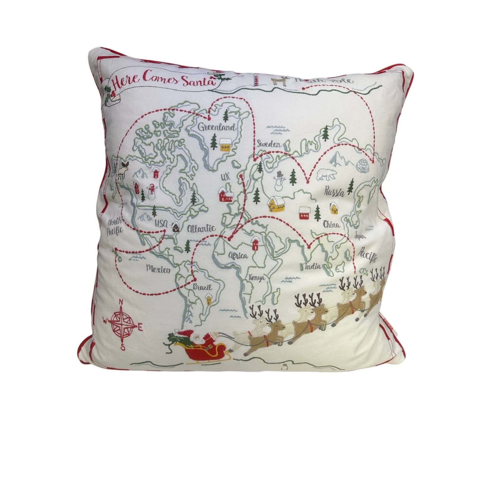 Whimsical 'Here Comes Santa' Christmas World Map Holiday 20x20 Throw Pillow