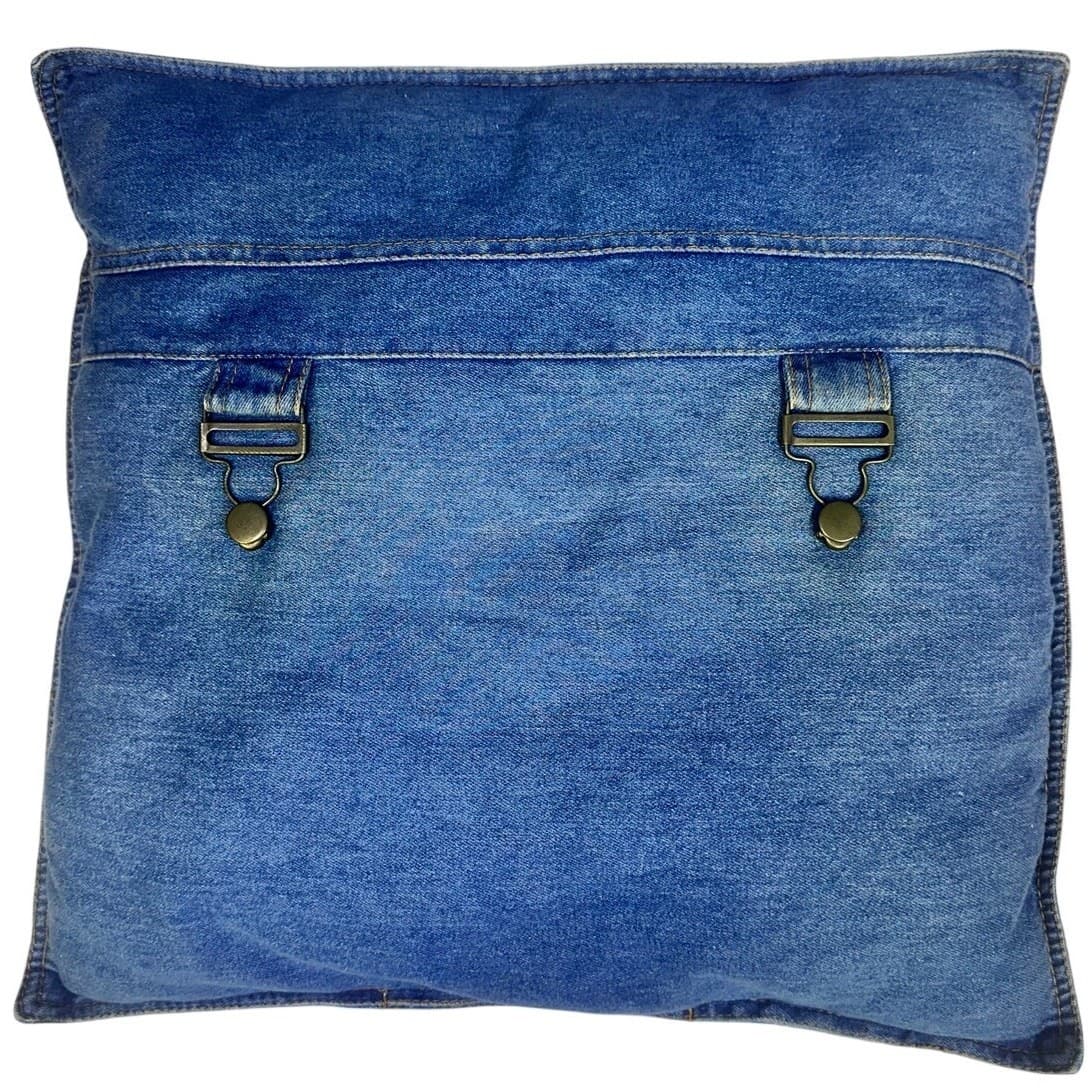 One-of-a-Kind Overalls Denim Jean Casual Whimsical 17x17 Throw Pillow w/Buckles