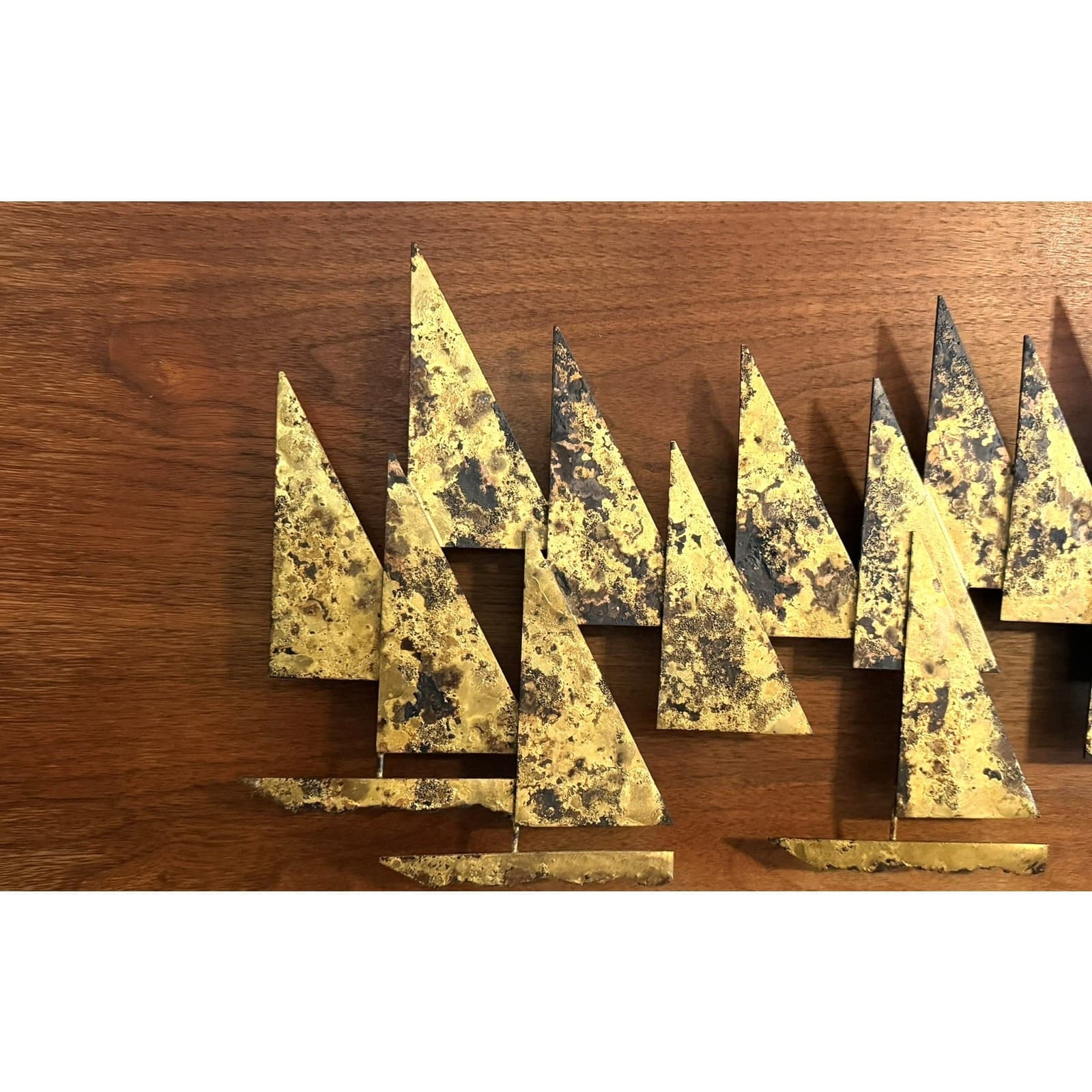 Peter Pepper Brass Sailboat Wall Sculpture Walnut MCM Brutalist 1960s California - Thumbnail 4
