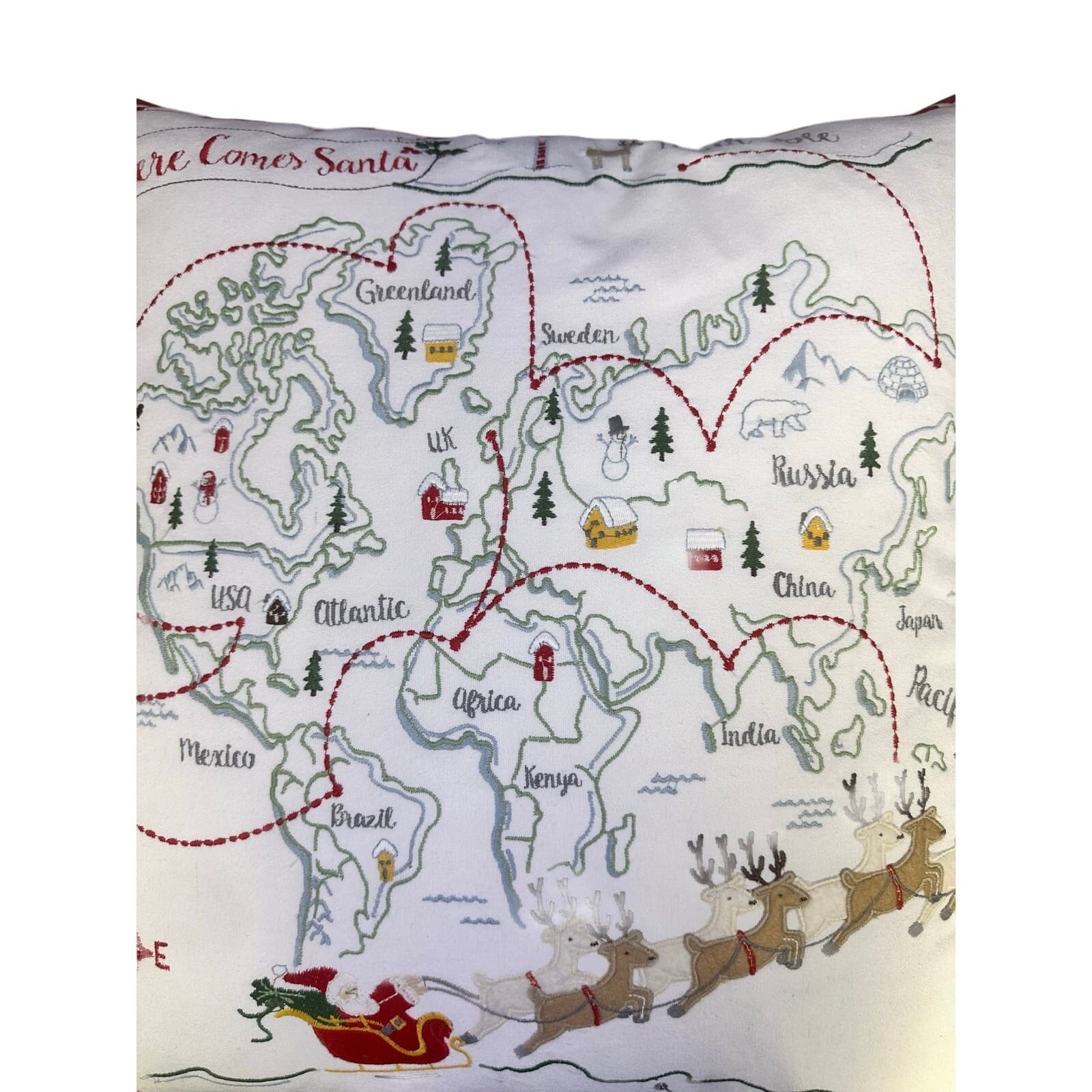 Whimsical 'Here Comes Santa' Christmas World Map Holiday 20x20 Throw Pillow - Thumbnail 7