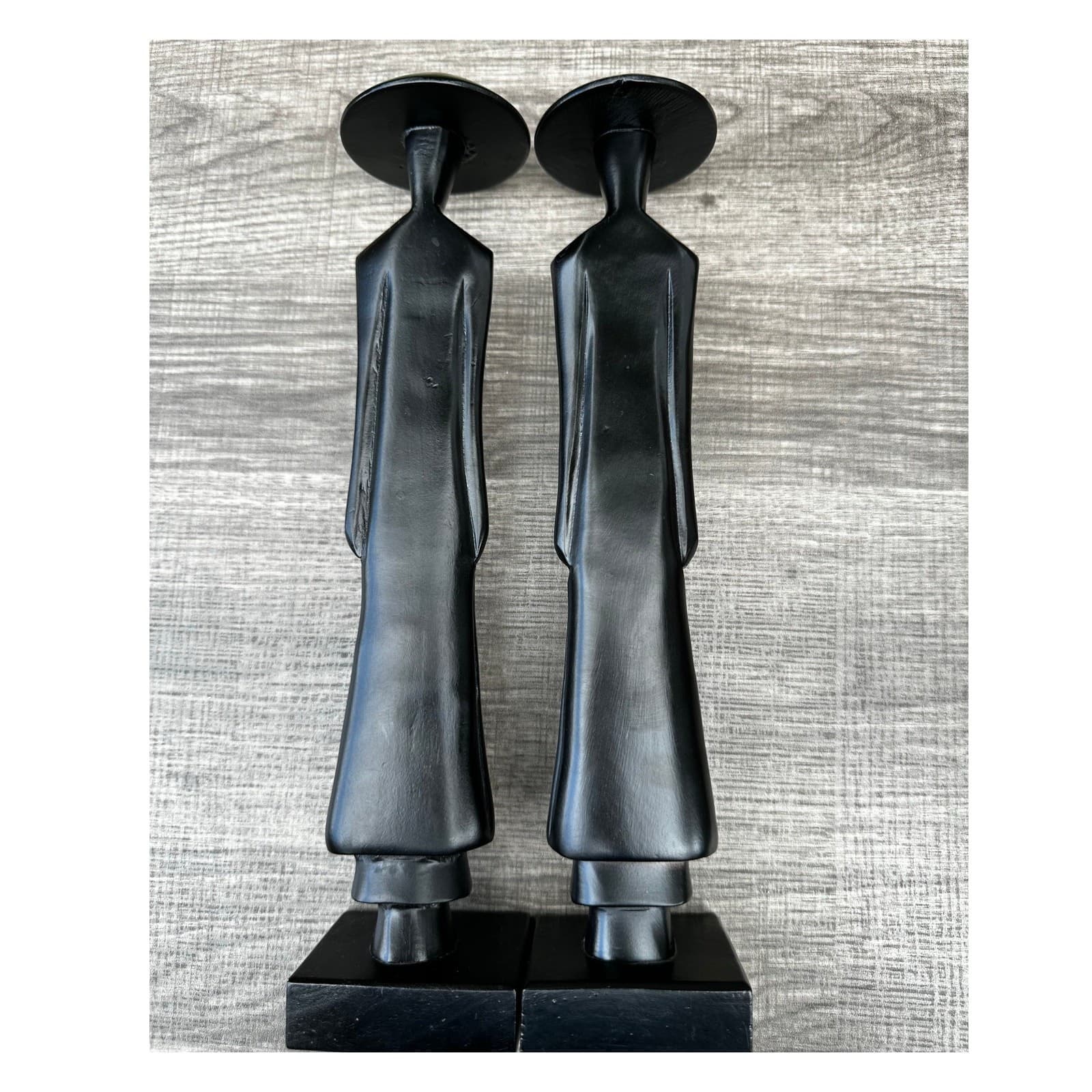 Pair of Vietnamese Wooden 13.5" Vintage Sculptures Figurines of a Woman Cone Hat - Thumbnail 9