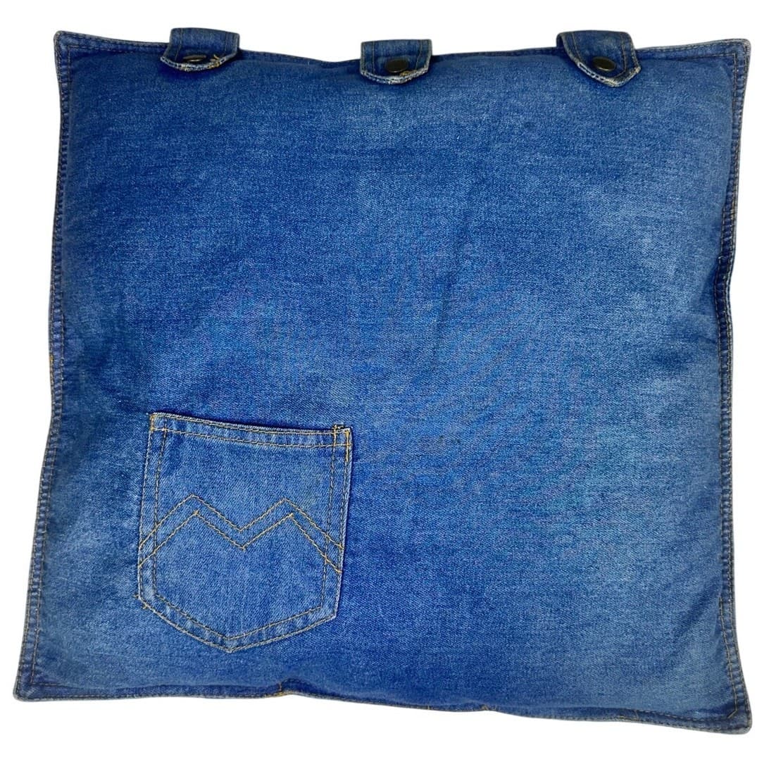 Unique Embellished Denim Jean Casual Fun 17x17 Throw Pillow w/Faux Snaps Pocket