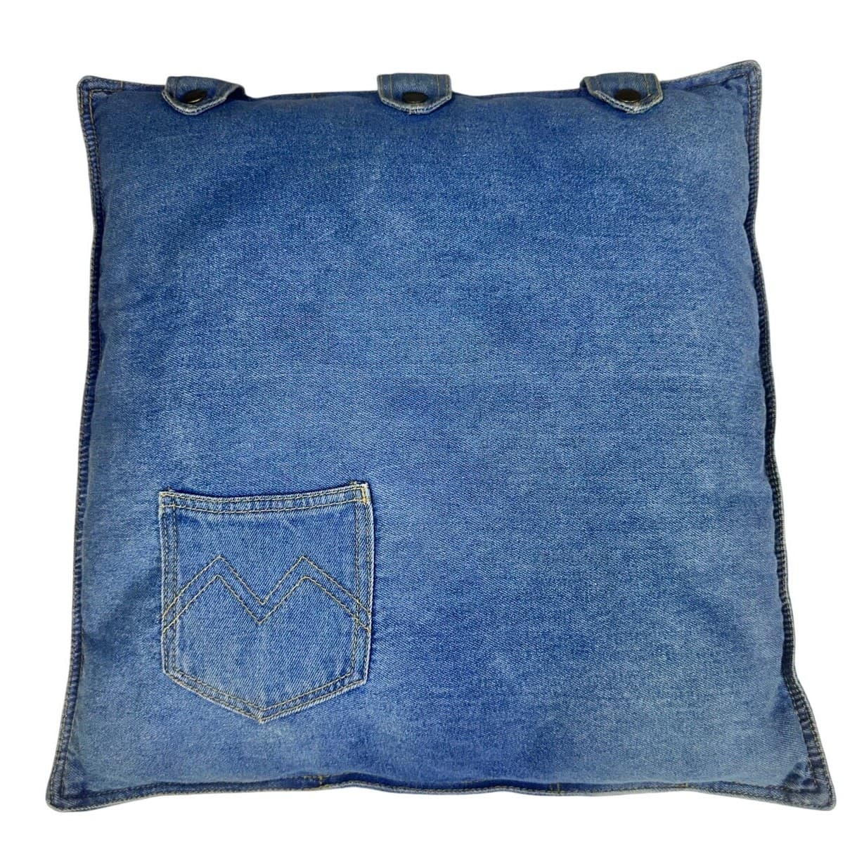 Embellished Denim Jean Casual Whimsical 17x17 Throw Pillow w/Faux Pocket Snaps