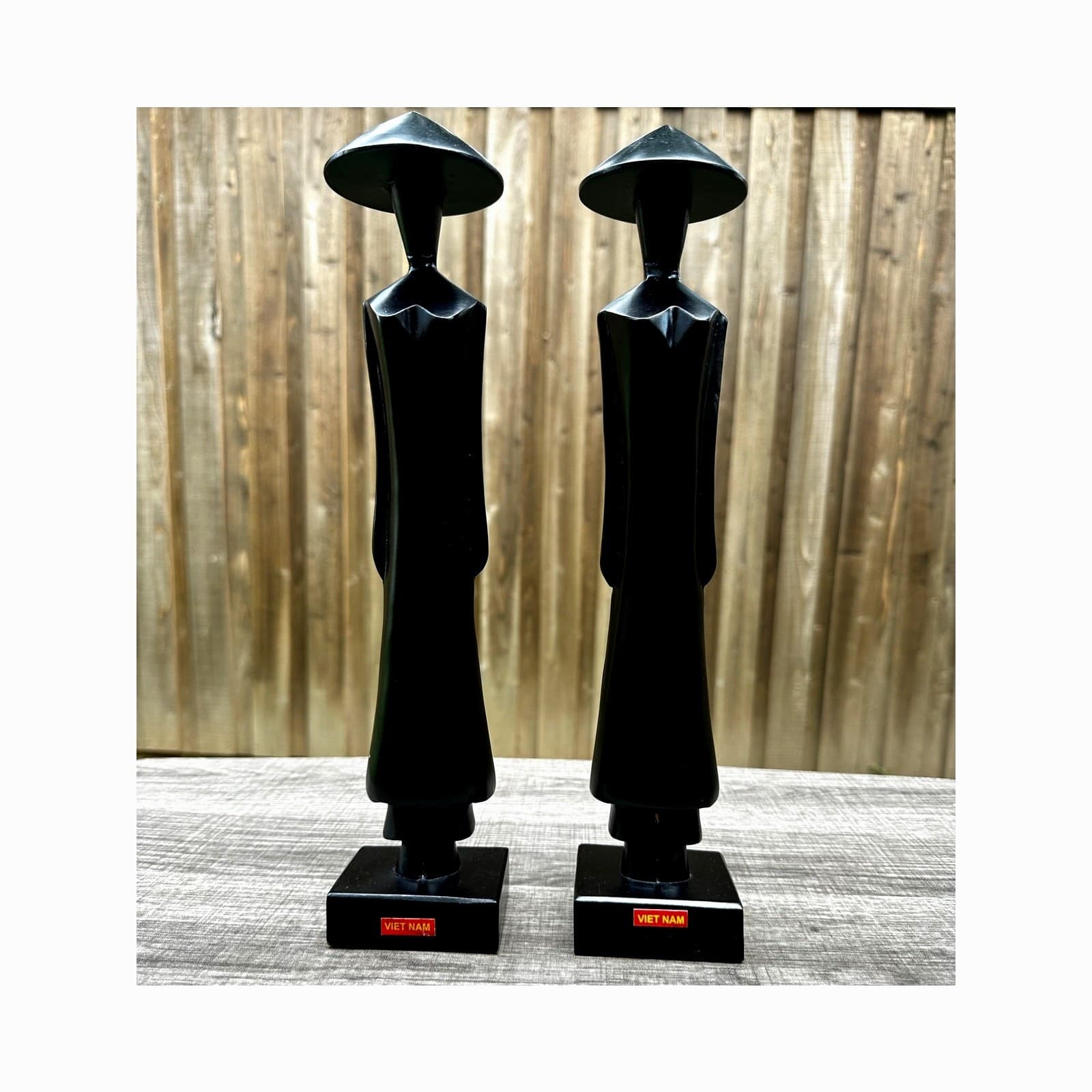 Pair of Vietnamese Wooden 13.5" Vintage Sculptures Figurines of a Woman Cone Hat - Thumbnail 2
