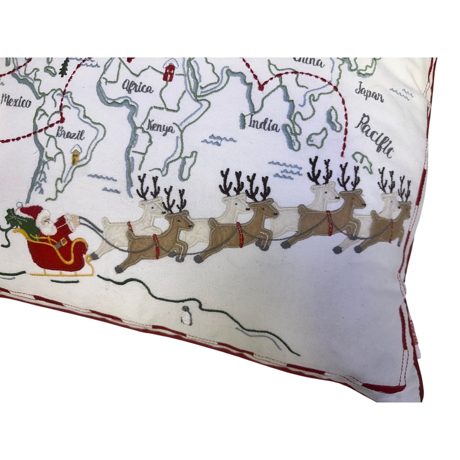 Whimsical 'Here Comes Santa' Christmas World Map Holiday 20x20 Throw Pillow - Thumbnail 2