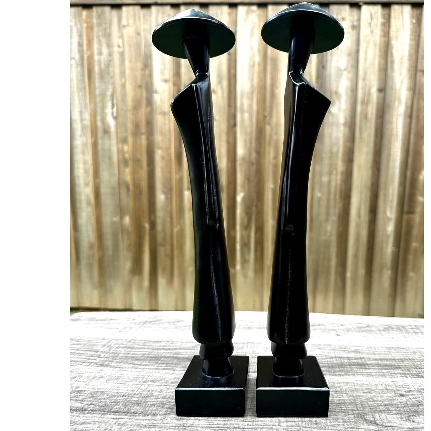 Pair of Vietnamese Wooden 13.5" Vintage Sculptures Figurines of a Woman Cone Hat - Thumbnail 3