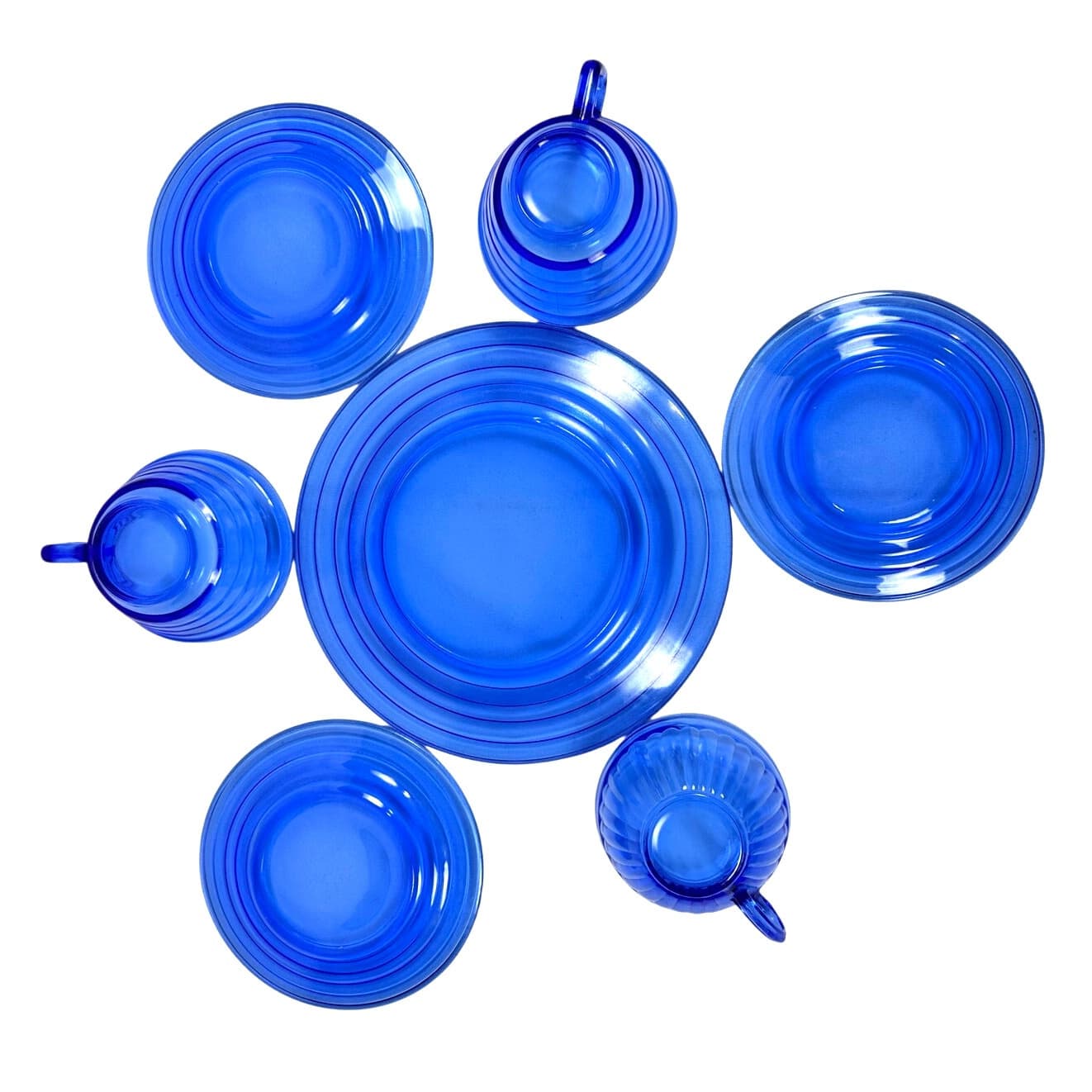 Hazel Atlas Moderntone Cobalt Blue 7-PC Cup and Saucer Trio plus Dinner Plate! - Thumbnail 3