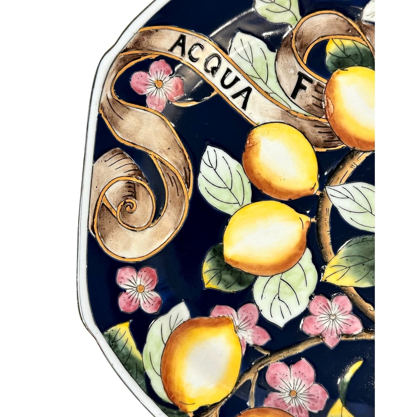 Majolica Acqua Fa Cedra Raised Relief Lemon Flower Leaves Large Platter - Thumbnail 3