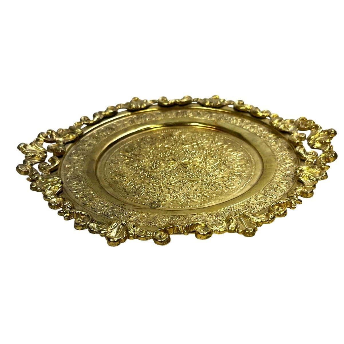 Brass Embellished Turkish Art Nouveau 10" Footed Platter/Tray w/Handles-Stunning - Thumbnail 2