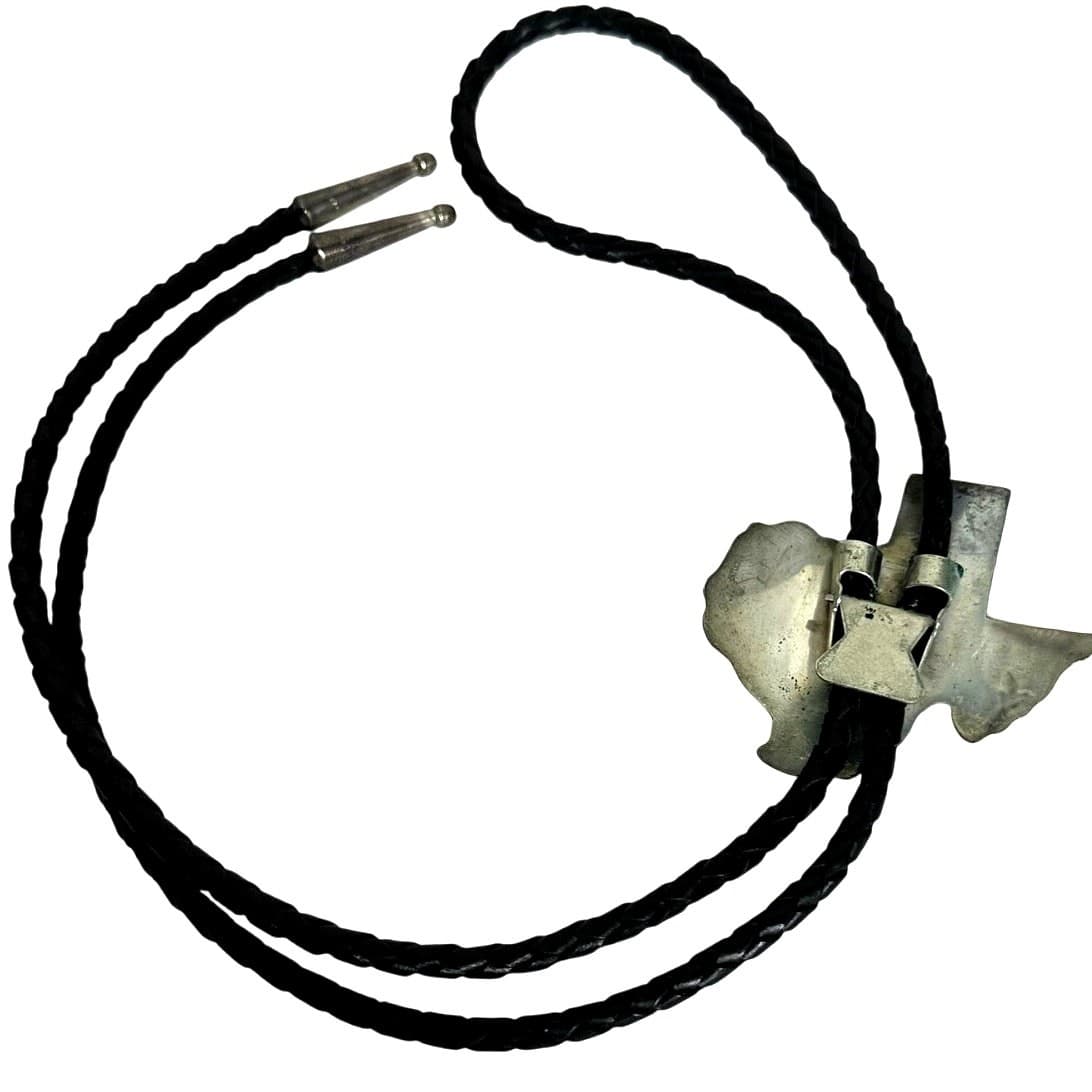 Texas State Shape Silver Metal Vintage Bolo w/Silver Tips & Black Leather Cord - Thumbnail 4