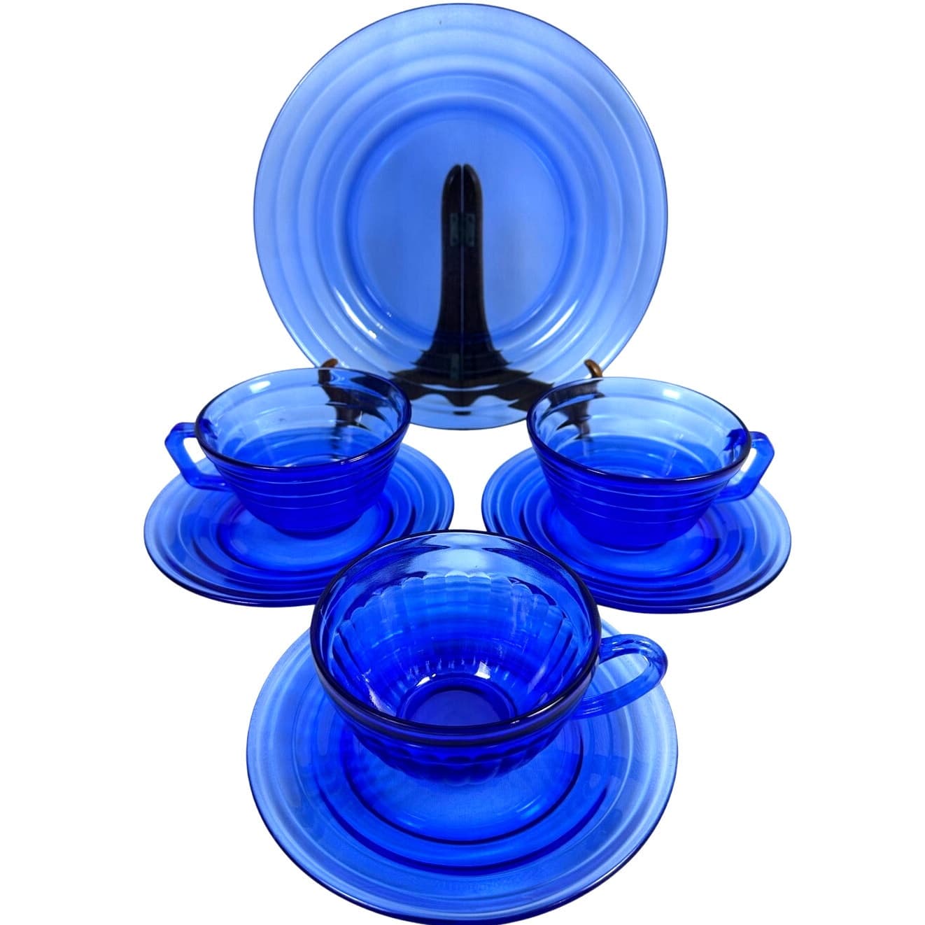 Hazel Atlas Moderntone Cobalt Blue 7-PC Cup and Saucer Trio plus Dinner Plate!