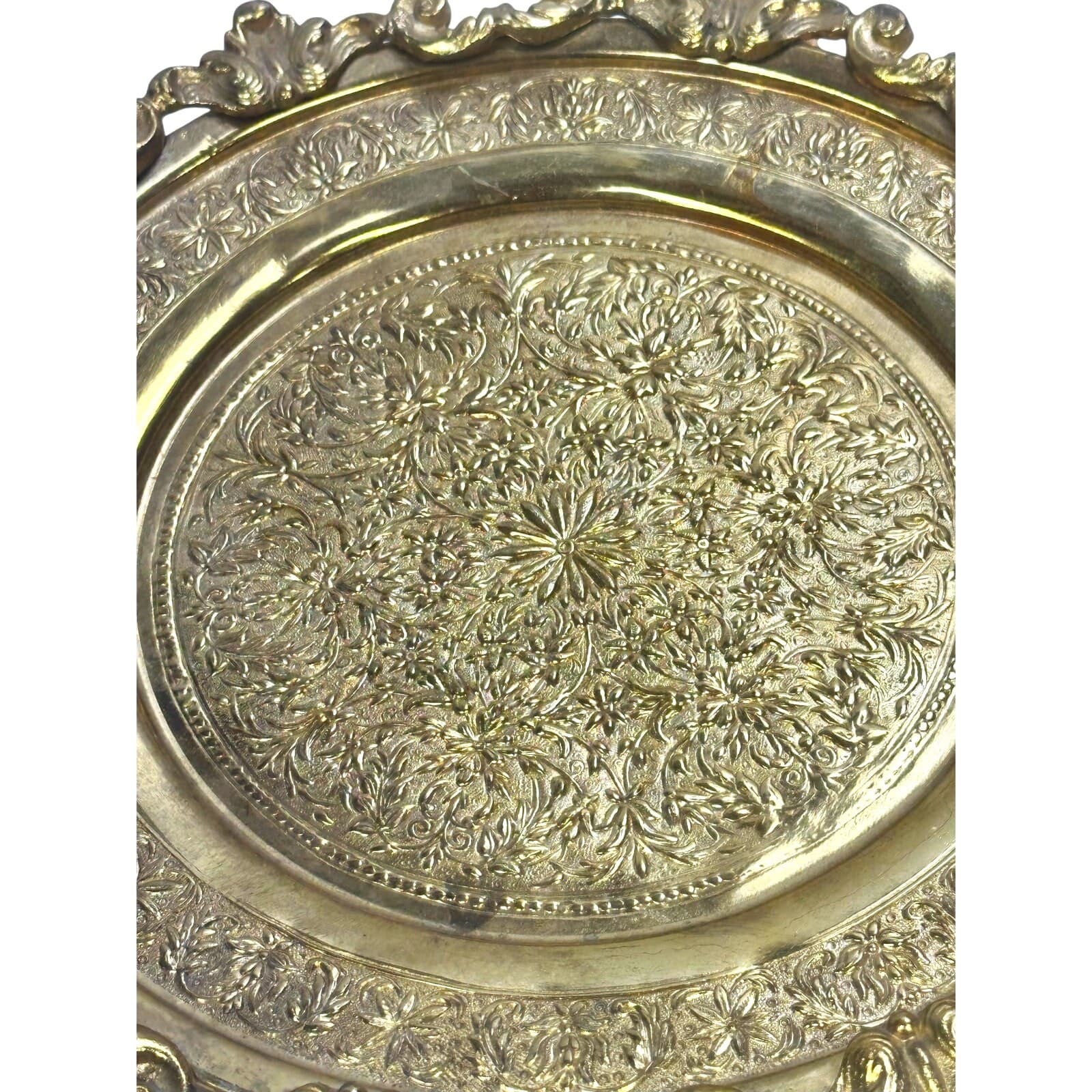 Brass Embellished Turkish Art Nouveau 10" Footed Platter/Tray w/Handles-Stunning - Thumbnail 9