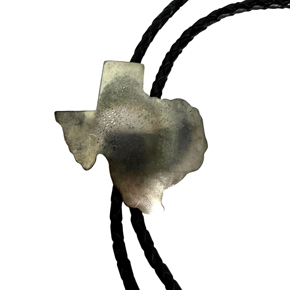 Texas State Shape Silver Metal Vintage Bolo w/Silver Tips & Black Leather Cord - Thumbnail 2