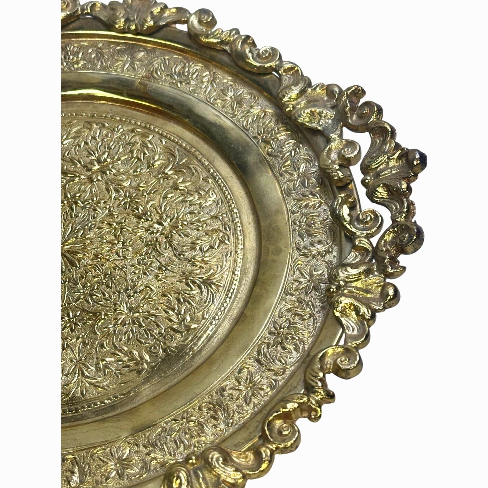 Brass Embellished Turkish Art Nouveau 10" Footed Platter/Tray w/Handles-Stunning - Thumbnail 7
